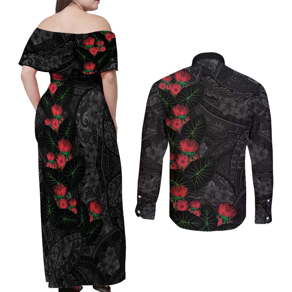 Hawaiian Taro Leaves and Ohia Lehua Couples Matching Off Shoulder Maxi Dress and Long Sleeve Button Shirt Polynesian Tribal Art Tropical Plants Motifs Grayscale LT03 - Polynesian Pride