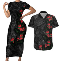 Hawaiian Taro Leaves and Ohia Lehua Couples Matching Short Sleeve Bodycon Dress and Hawaiian Shirt Polynesian Tribal Art Tropical Plants Motifs Grayscale LT03 Multicolor - Polynesian Pride