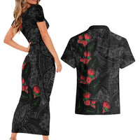 Hawaiian Taro Leaves and Ohia Lehua Couples Matching Short Sleeve Bodycon Dress and Hawaiian Shirt Polynesian Tribal Art Tropical Plants Motifs Grayscale LT03 - Polynesian Pride