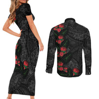 Hawaiian Taro Leaves and Ohia Lehua Couples Matching Short Sleeve Bodycon Dress and Long Sleeve Button Shirt Polynesian Tribal Art Tropical Plants Motifs Grayscale LT03 - Polynesian Pride