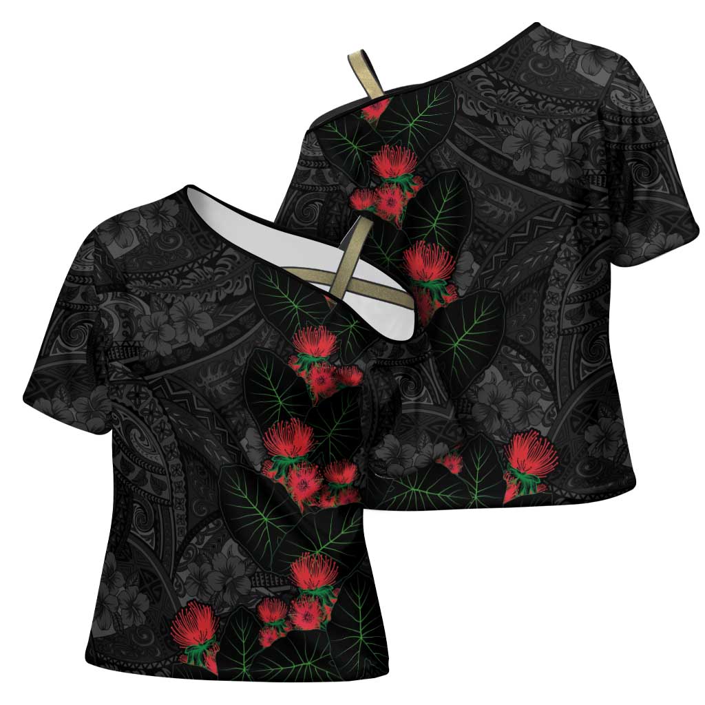 Hawaiian Taro Leaves and Ohia Lehua Cross Shoulder Shirt Polynesian Tribal Art Tropical Plants Motifs Grayscale LT03 - Polynesian Pride