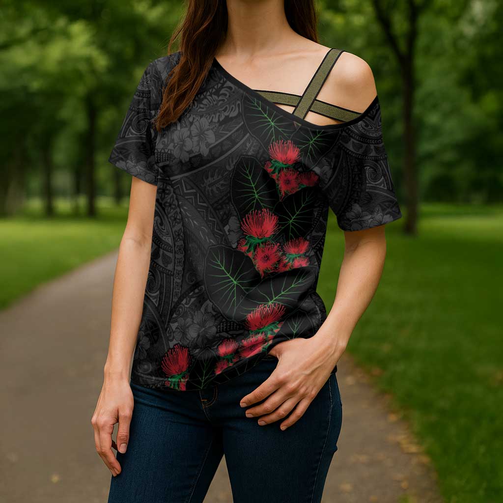 Hawaiian Taro Leaves and Ohia Lehua Cross Shoulder Shirt Polynesian Tribal Art Tropical Plants Motifs Grayscale LT03 - Polynesian Pride