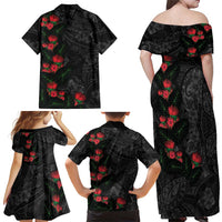 Hawaiian Taro Leaves and Ohia Lehua Family Matching Off Shoulder Maxi Dress and Hawaiian Shirt Polynesian Tribal Art Tropical Plants Motifs Grayscale LT03 - Polynesian Pride