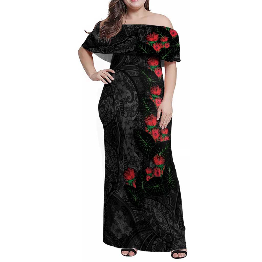 Hawaiian Taro Leaves and Ohia Lehua Family Matching Off Shoulder Maxi Dress and Hawaiian Shirt Polynesian Tribal Art Tropical Plants Motifs Grayscale LT03 Mom's Dress Multicolor - Polynesian Pride