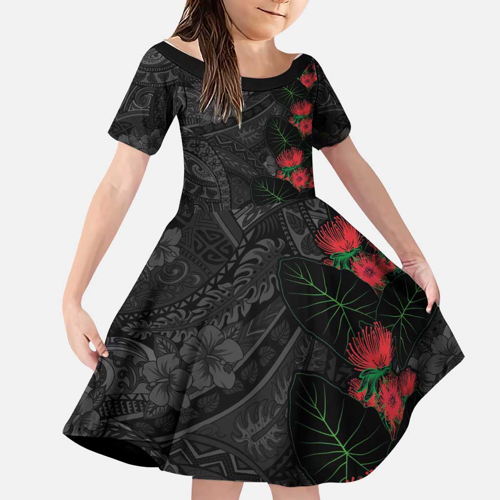 Hawaiian Taro Leaves and Ohia Lehua Family Matching Off Shoulder Short Dress and Hawaiian Shirt Polynesian Tribal Art Tropical Plants Motifs Grayscale LT03 Daughter's Dress Multicolor - Polynesian Pride
