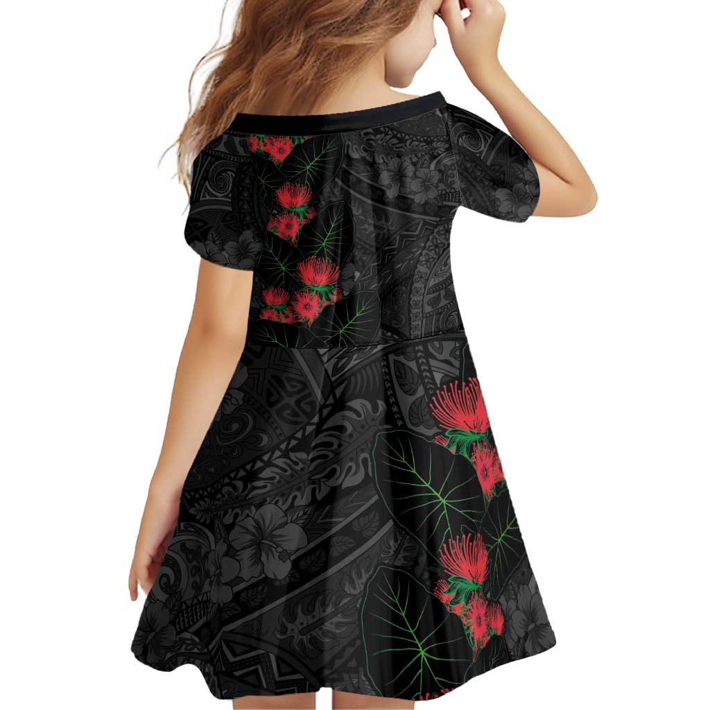 Hawaiian Taro Leaves and Ohia Lehua Family Matching Off Shoulder Short Dress and Hawaiian Shirt Polynesian Tribal Art Tropical Plants Motifs Grayscale LT03 - Polynesian Pride