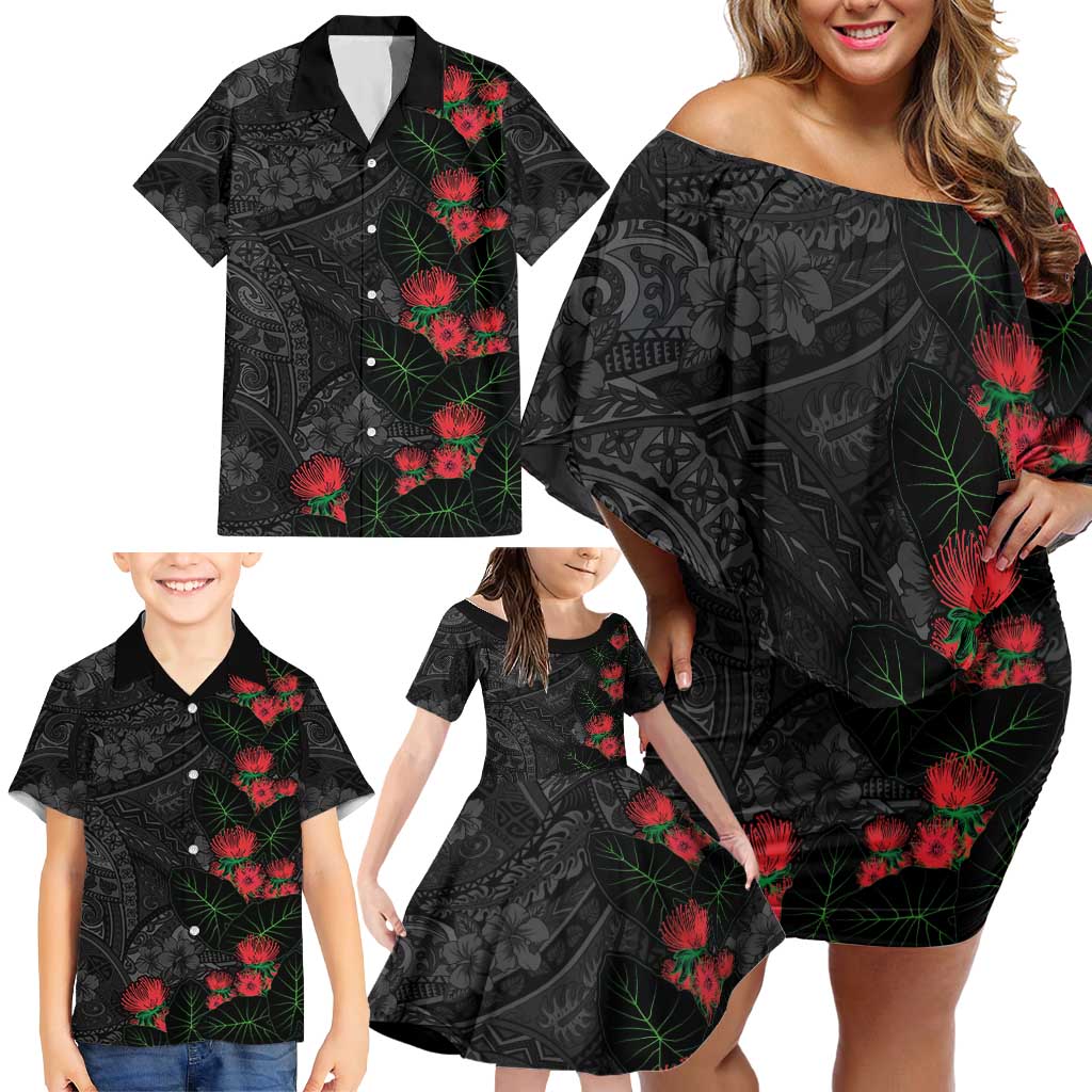 Hawaiian Taro Leaves and Ohia Lehua Family Matching Off Shoulder Short Dress and Hawaiian Shirt Polynesian Tribal Art Tropical Plants Motifs Grayscale LT03 - Polynesian Pride