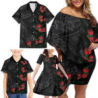 Hawaiian Taro Leaves and Ohia Lehua Family Matching Off Shoulder Short Dress and Hawaiian Shirt Polynesian Tribal Art Tropical Plants Motifs Grayscale LT03 - Polynesian Pride