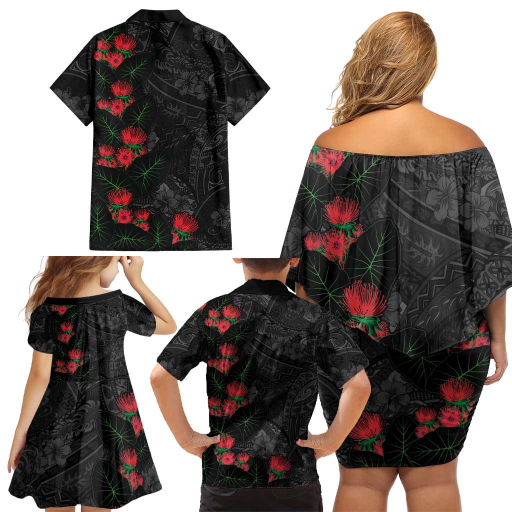 Hawaiian Taro Leaves and Ohia Lehua Family Matching Off Shoulder Short Dress and Hawaiian Shirt Polynesian Tribal Art Tropical Plants Motifs Grayscale LT03 - Polynesian Pride