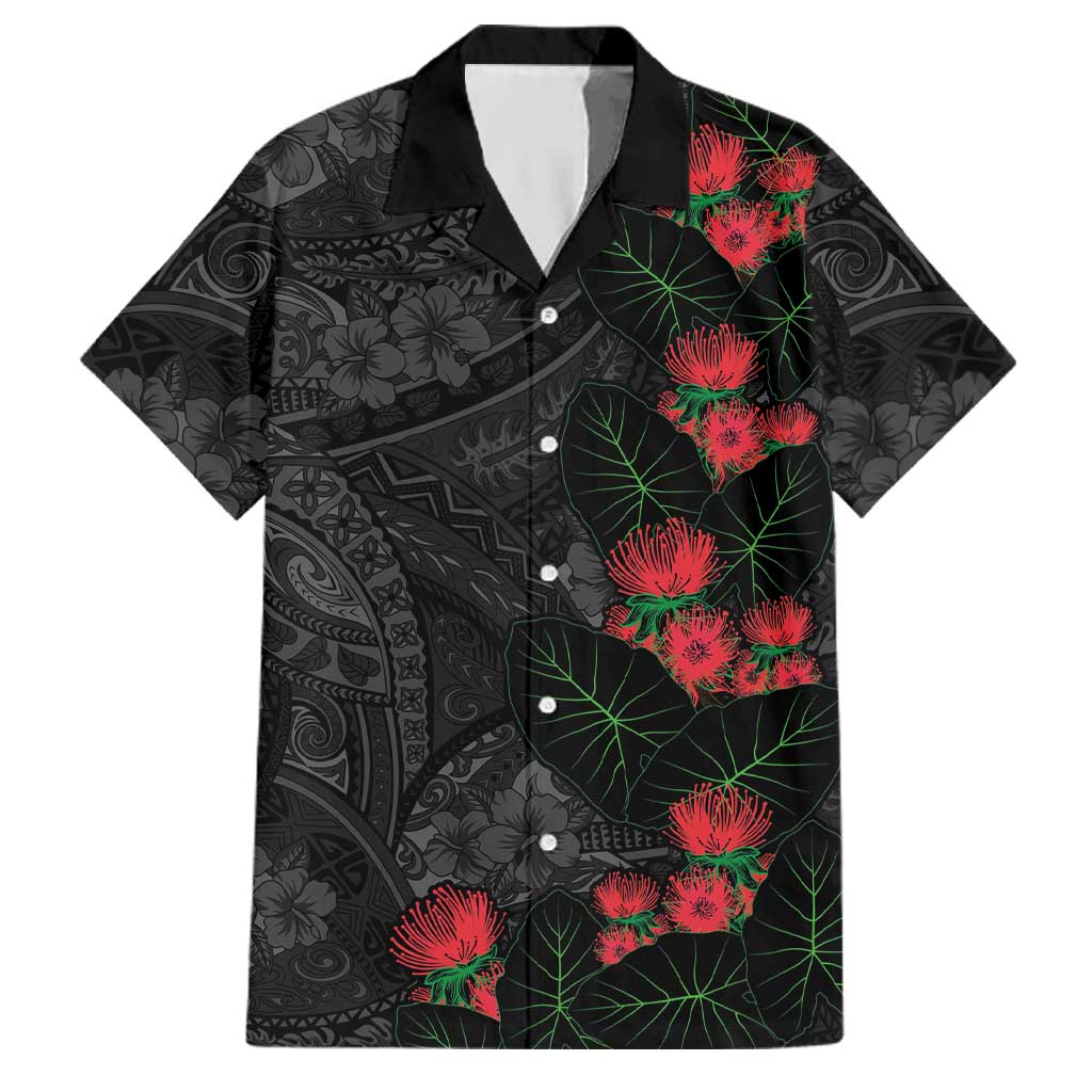 Hawaiian Taro Leaves and Ohia Lehua Family Matching Off Shoulder Short Dress and Hawaiian Shirt Polynesian Tribal Art Tropical Plants Motifs Grayscale LT03 Dad's Shirt - Short Sleeve Multicolor - Polynesian Pride