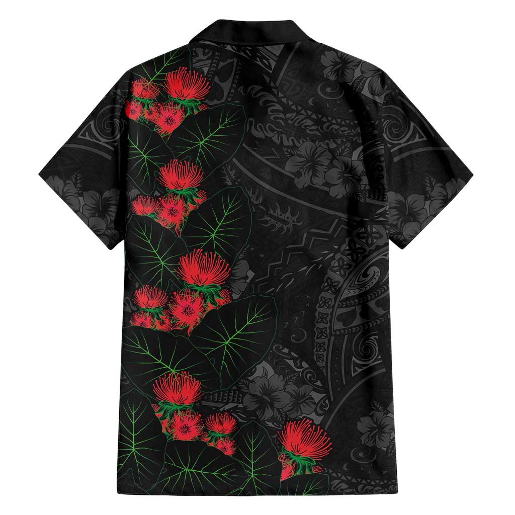 Hawaiian Taro Leaves and Ohia Lehua Family Matching Off Shoulder Short Dress and Hawaiian Shirt Polynesian Tribal Art Tropical Plants Motifs Grayscale LT03 - Polynesian Pride