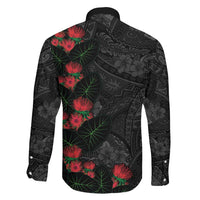 Hawaiian Taro Leaves and Ohia Lehua Family Matching Off Shoulder Short Dress and Hawaiian Shirt Polynesian Tribal Art Tropical Plants Motifs Grayscale LT03 - Polynesian Pride