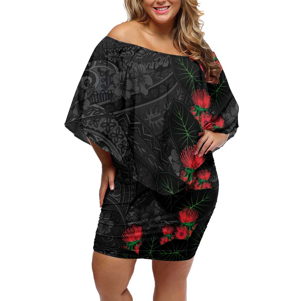 Hawaiian Taro Leaves and Ohia Lehua Family Matching Off Shoulder Short Dress and Hawaiian Shirt Polynesian Tribal Art Tropical Plants Motifs Grayscale LT03 Mom's Dress Multicolor - Polynesian Pride
