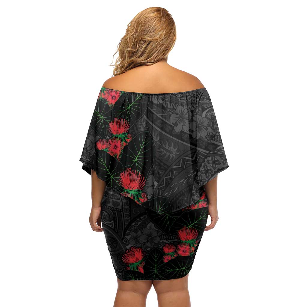 Hawaiian Taro Leaves and Ohia Lehua Family Matching Off Shoulder Short Dress and Hawaiian Shirt Polynesian Tribal Art Tropical Plants Motifs Grayscale LT03 - Polynesian Pride