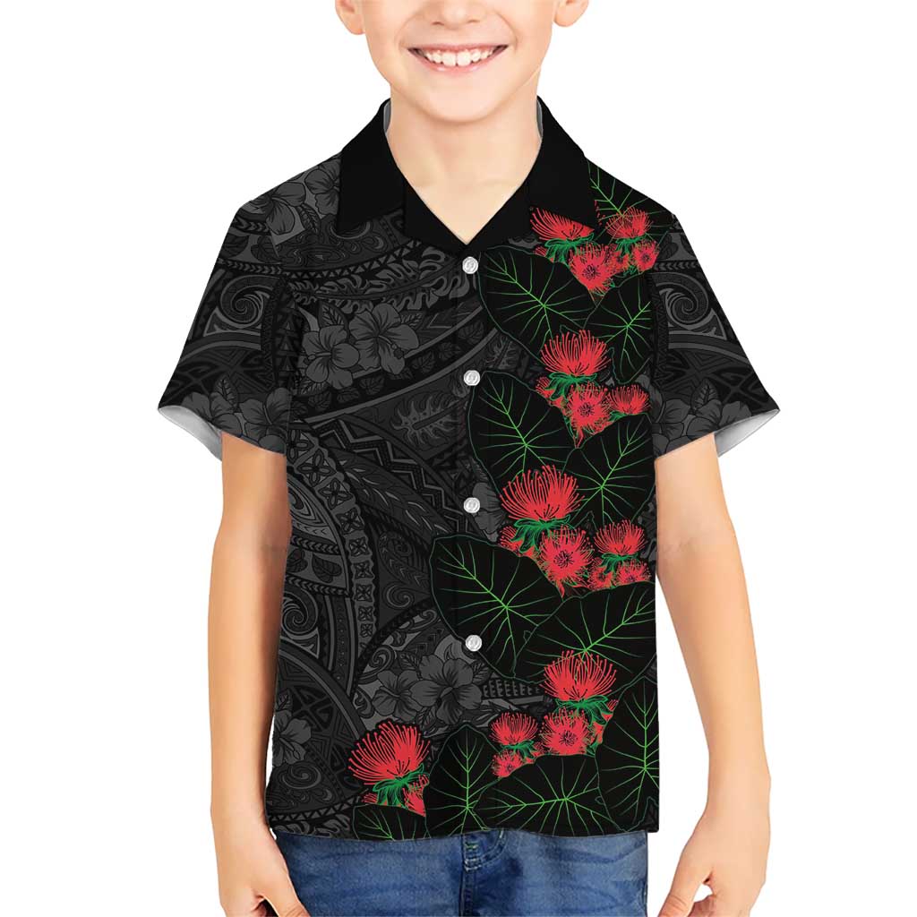 Hawaiian Taro Leaves and Ohia Lehua Family Matching Off Shoulder Short Dress and Hawaiian Shirt Polynesian Tribal Art Tropical Plants Motifs Grayscale LT03 Son's Shirt Multicolor - Polynesian Pride