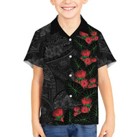Hawaiian Taro Leaves and Ohia Lehua Family Matching Off Shoulder Short Dress and Hawaiian Shirt Polynesian Tribal Art Tropical Plants Motifs Grayscale LT03 Son's Shirt Multicolor - Polynesian Pride
