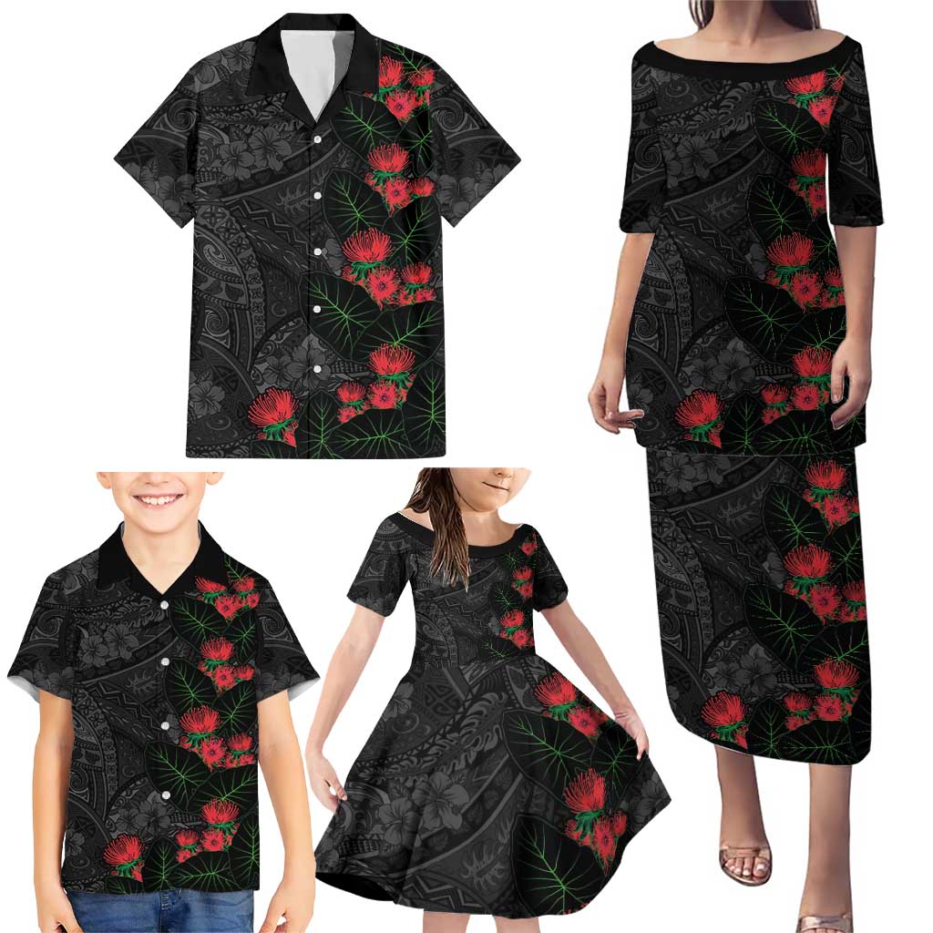 Hawaiian Taro Leaves and Ohia Lehua Family Matching Puletasi and Hawaiian Shirt Polynesian Tribal Art Tropical Plants Motifs Grayscale