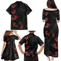 Hawaiian Taro Leaves and Ohia Lehua Family Matching Puletasi and Hawaiian Shirt Polynesian Tribal Art Tropical Plants Motifs Grayscale LT03 - Polynesian Pride
