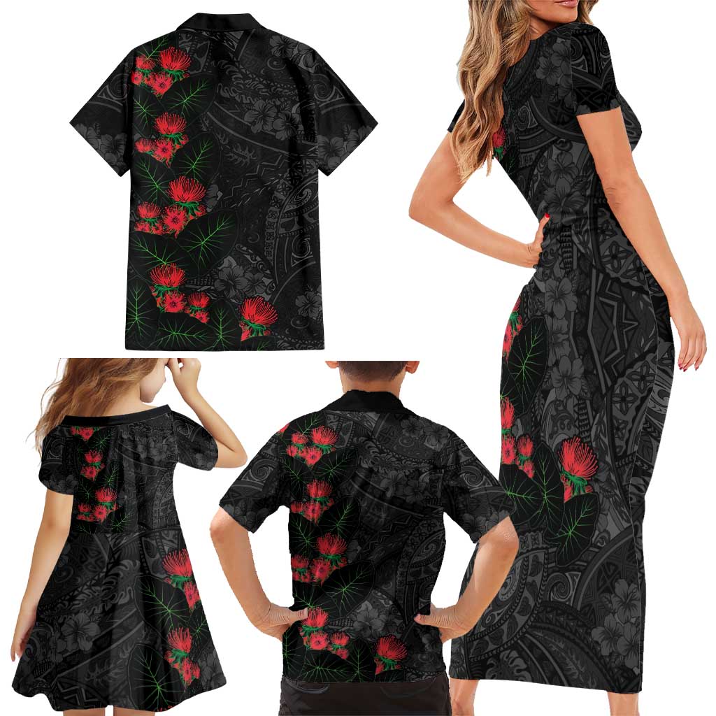 Hawaiian Taro Leaves and Ohia Lehua Family Matching Short Sleeve Bodycon Dress and Hawaiian Shirt Polynesian Tribal Art Tropical Plants Motifs Grayscale LT03 - Polynesian Pride