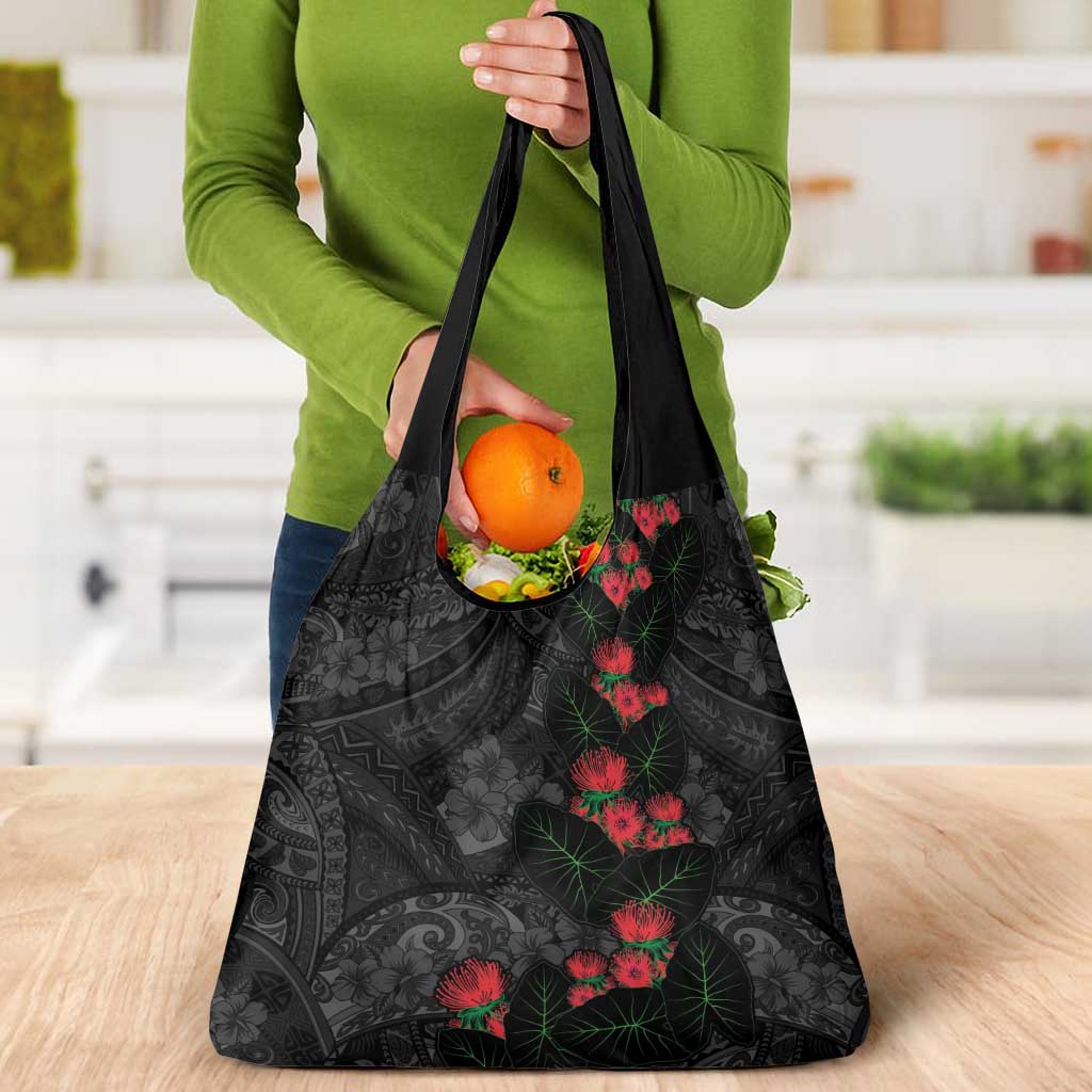 Hawaiian Taro Leaves and Ohia Lehua Grocery Bag Polynesian Tribal Art Tropical Plants Motifs Grayscale LT03 - Polynesian Pride