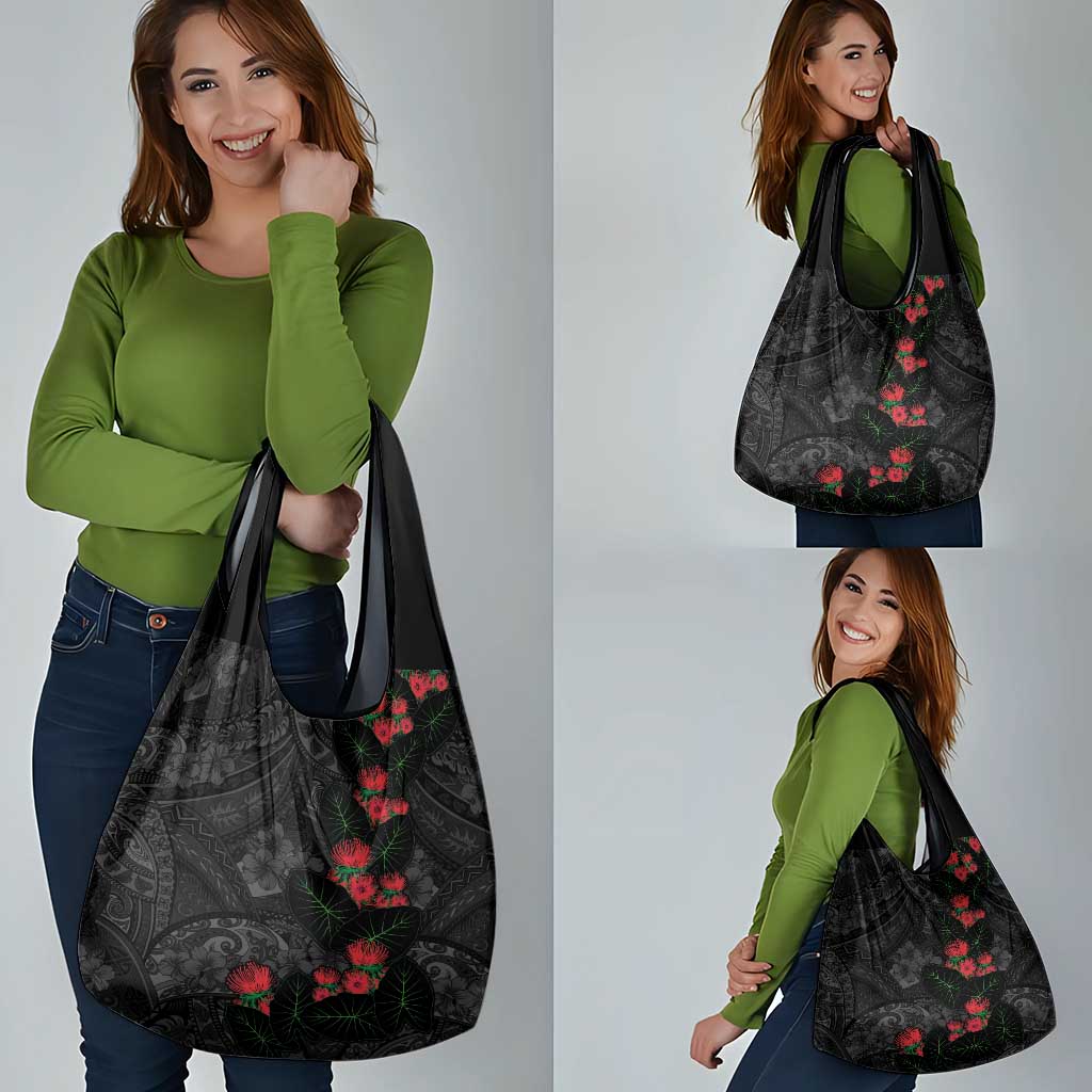 Hawaiian Taro Leaves and Ohia Lehua Grocery Bag Polynesian Tribal Art Tropical Plants Motifs Grayscale LT03 - Polynesian Pride