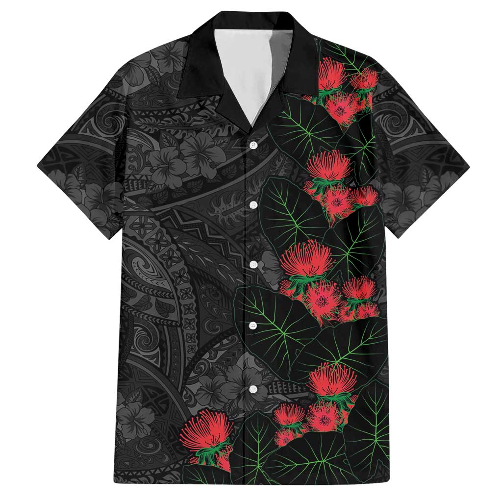 Hawaiian Taro Leaves and Ohia Lehua Hawaiian Shirt Polynesian Tribal Art Tropical Plants Motifs Grayscale