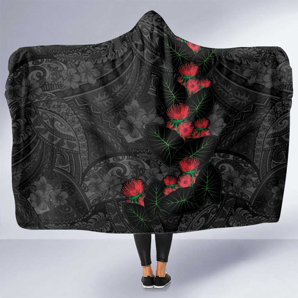 Hawaiian Taro Leaves and Ohia Lehua Hooded Blanket Polynesian Tribal Art Tropical Plants Motifs Grayscale LT03 One Size Multicolor - Polynesian Pride