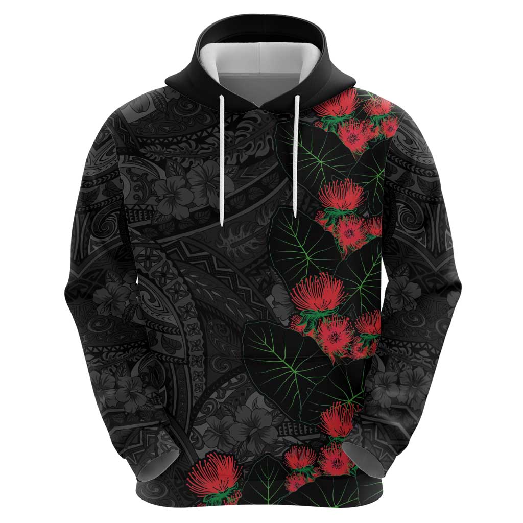 Hawaiian Taro Leaves and Ohia Lehua Hoodie Polynesian Tribal Art Tropical Plants Motifs Grayscale LT03 - Polynesian Pride