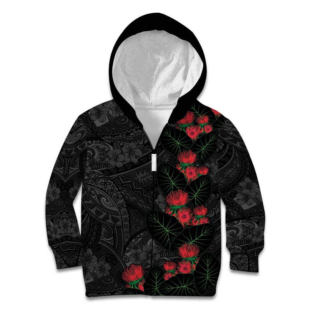 Hawaiian Taro Leaves and Ohia Lehua Kid Hoodie Polynesian Tribal Art Tropical Plants Motifs Grayscale LT03 Zip Hoodie Multicolor - Polynesian Pride