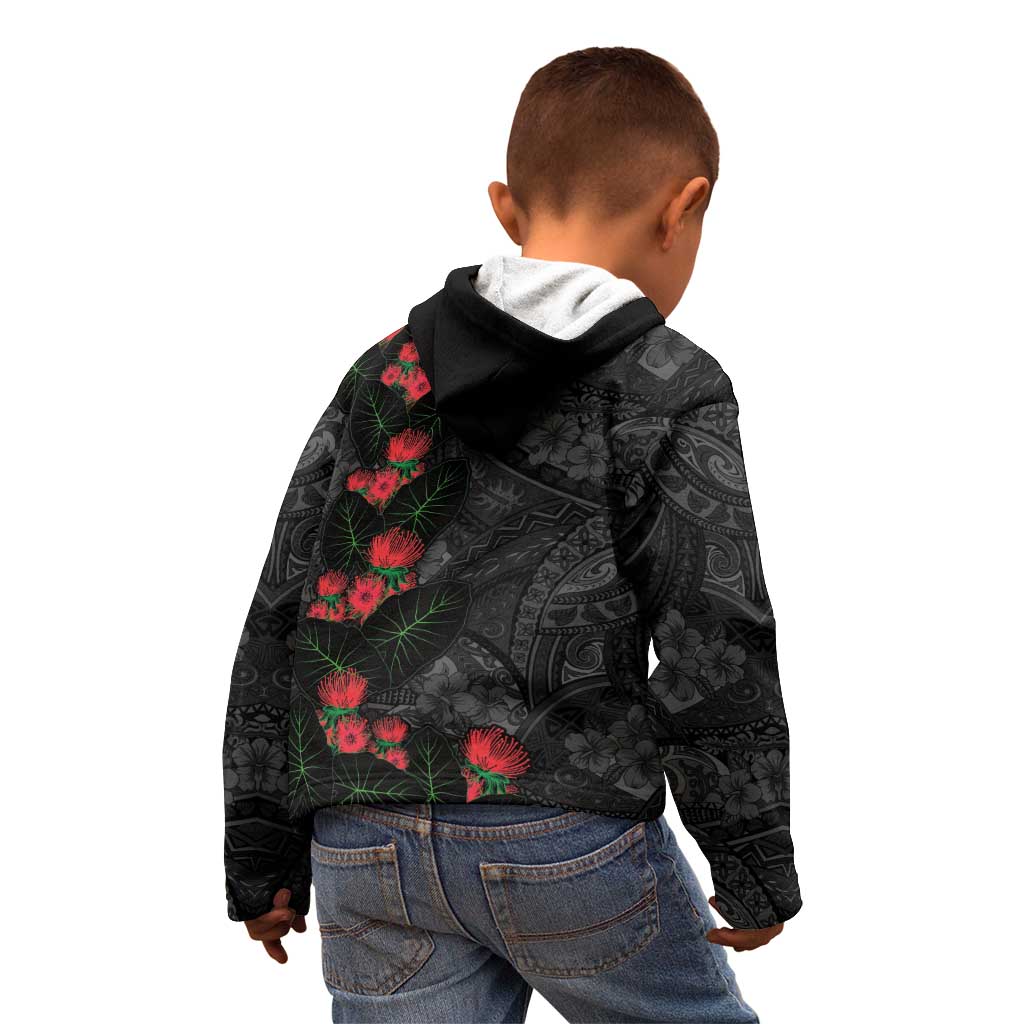 Hawaiian Taro Leaves and Ohia Lehua Kid Hoodie Polynesian Tribal Art Tropical Plants Motifs Grayscale LT03 - Polynesian Pride