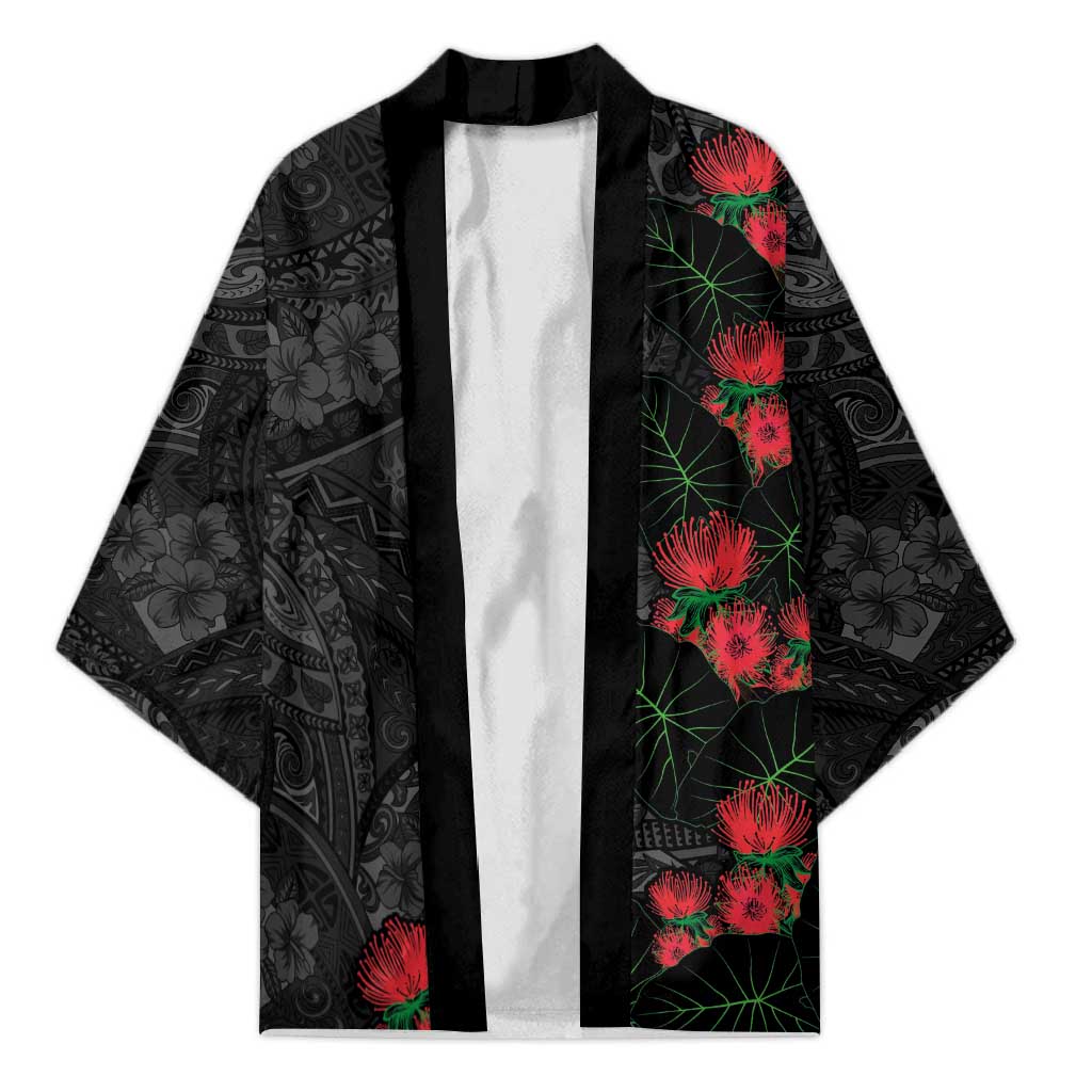 Hawaiian Taro Leaves and Ohia Lehua Kimono Polynesian Tribal Art Tropical Plants Motifs Grayscale