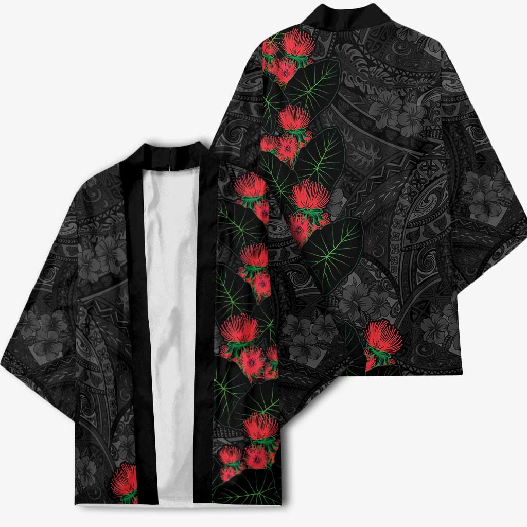 Hawaiian Taro Leaves and Ohia Lehua Kimono Polynesian Tribal Art Tropical Plants Motifs Grayscale LT03 - Polynesian Pride