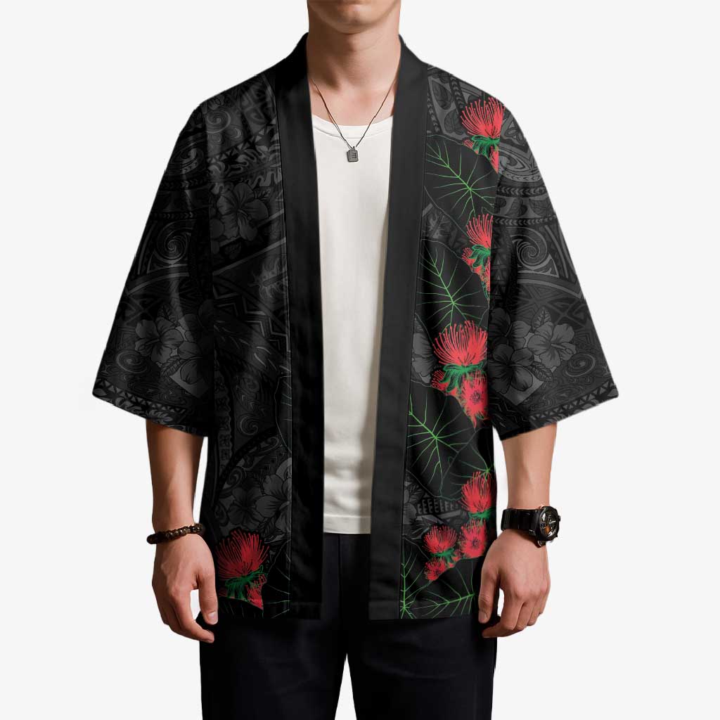 Hawaiian Taro Leaves and Ohia Lehua Kimono Polynesian Tribal Art Tropical Plants Motifs Grayscale LT03 - Polynesian Pride