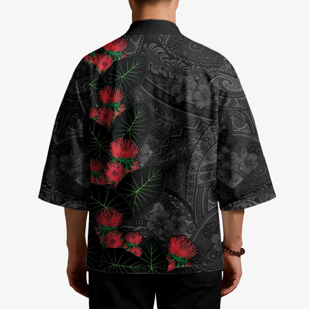 Hawaiian Taro Leaves and Ohia Lehua Kimono Polynesian Tribal Art Tropical Plants Motifs Grayscale LT03 - Polynesian Pride