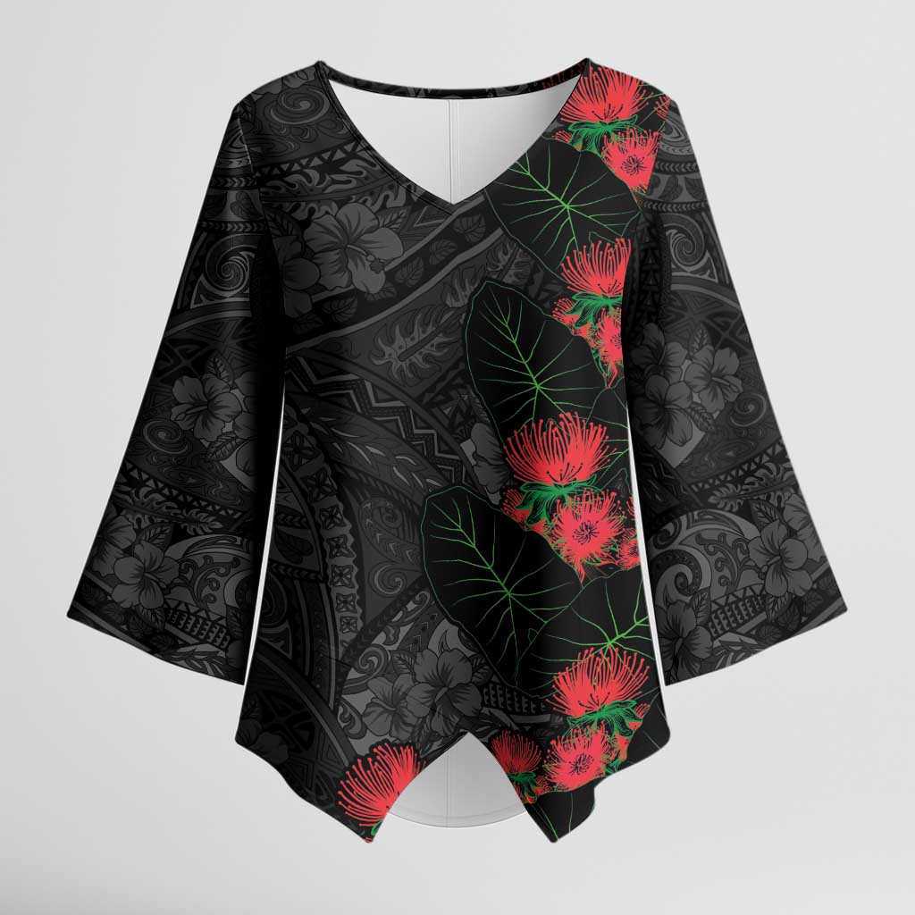 Hawaiian Taro Leaves and Ohia Lehua Kimono Sleeve Blouse Polynesian Tribal Art Tropical Plants Motifs Grayscale LT03 Female Multicolor - Polynesian Pride