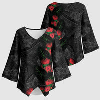 Hawaiian Taro Leaves and Ohia Lehua Kimono Sleeve Blouse Polynesian Tribal Art Tropical Plants Motifs Grayscale LT03 - Polynesian Pride