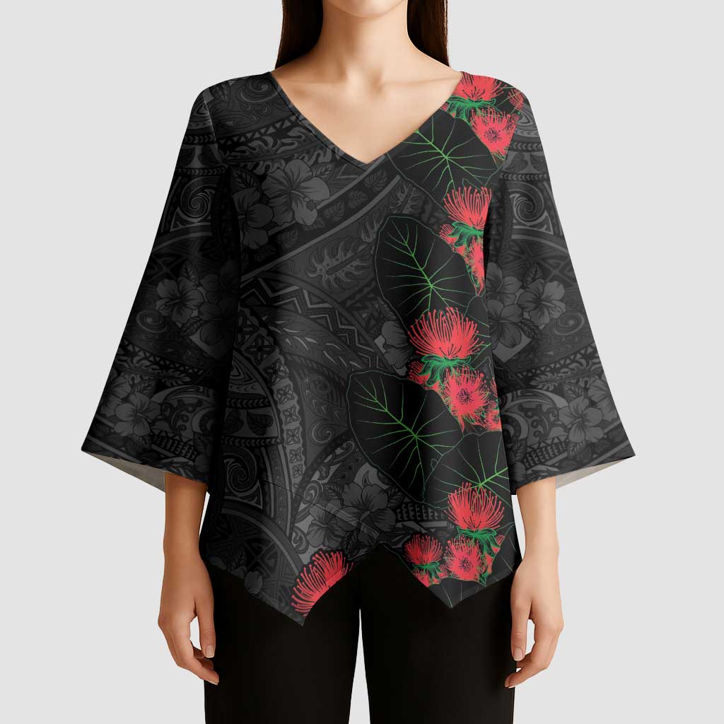 Hawaiian Taro Leaves and Ohia Lehua Kimono Sleeve Blouse Polynesian Tribal Art Tropical Plants Motifs Grayscale LT03 - Polynesian Pride