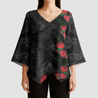 Hawaiian Taro Leaves and Ohia Lehua Kimono Sleeve Blouse Polynesian Tribal Art Tropical Plants Motifs Grayscale LT03 - Polynesian Pride
