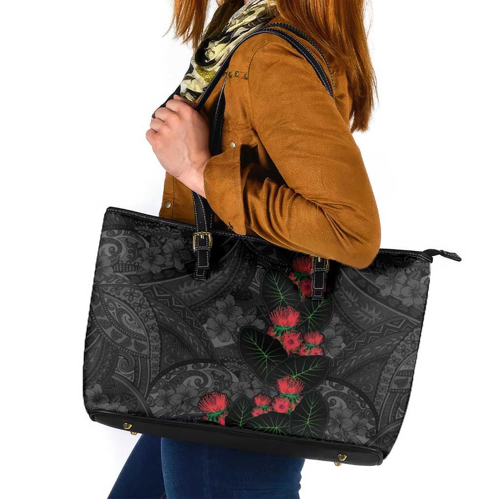 Hawaiian Taro Leaves and Ohia Lehua Leather Tote Bag Polynesian Tribal Art Tropical Plants Motifs Grayscale LT03 Multicolor - Polynesian Pride