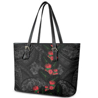 Hawaiian Taro Leaves and Ohia Lehua Leather Tote Bag Polynesian Tribal Art Tropical Plants Motifs Grayscale LT03 - Polynesian Pride