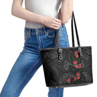 Hawaiian Taro Leaves and Ohia Lehua Leather Tote Bag Polynesian Tribal Art Tropical Plants Motifs Grayscale LT03 - Polynesian Pride