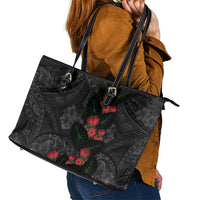 Hawaiian Taro Leaves and Ohia Lehua Leather Tote Bag Polynesian Tribal Art Tropical Plants Motifs Grayscale LT03 - Polynesian Pride