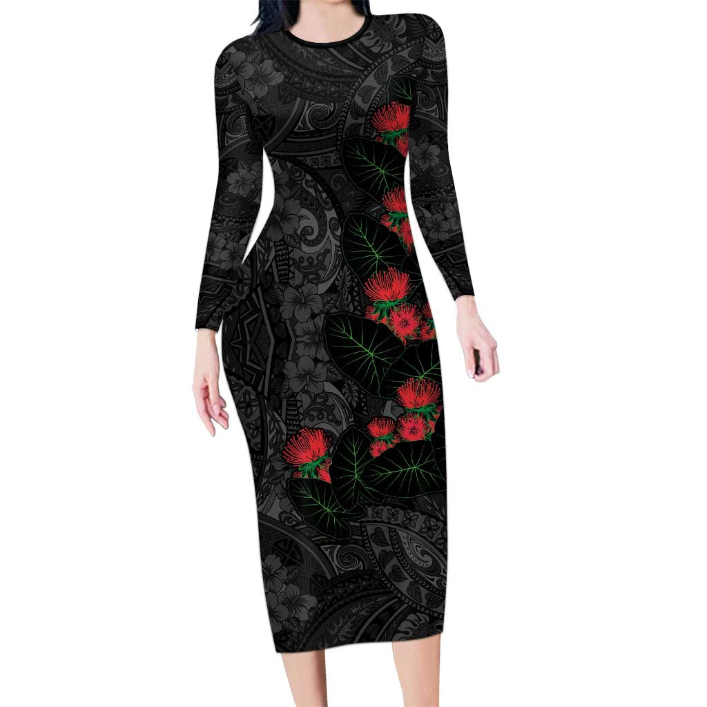 Hawaiian Taro Leaves and Ohia Lehua Long Sleeve Bodycon Dress Polynesian Tribal Art Tropical Plants Motifs Grayscale