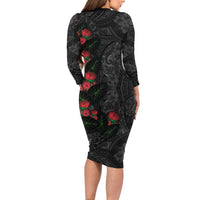 Hawaiian Taro Leaves and Ohia Lehua Long Sleeve Bodycon Dress Polynesian Tribal Art Tropical Plants Motifs Grayscale LT03 - Polynesian Pride