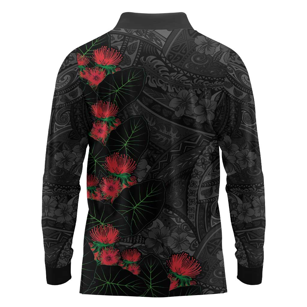 Hawaiian Taro Leaves and Ohia Lehua Long Sleeve Polo Shirt Polynesian Tribal Art Tropical Plants Motifs Grayscale LT03 - Polynesian Pride