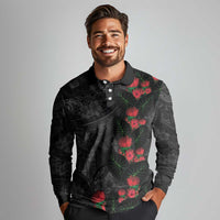 Hawaiian Taro Leaves and Ohia Lehua Long Sleeve Polo Shirt Polynesian Tribal Art Tropical Plants Motifs Grayscale LT03 - Polynesian Pride