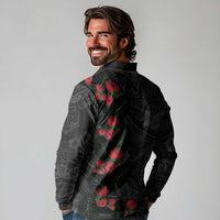 Hawaiian Taro Leaves and Ohia Lehua Long Sleeve Polo Shirt Polynesian Tribal Art Tropical Plants Motifs Grayscale LT03 - Polynesian Pride