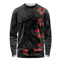 Hawaiian Taro Leaves and Ohia Lehua Long Sleeve Shirt Polynesian Tribal Art Tropical Plants Motifs Grayscale LT03 Unisex Multicolor - Polynesian Pride