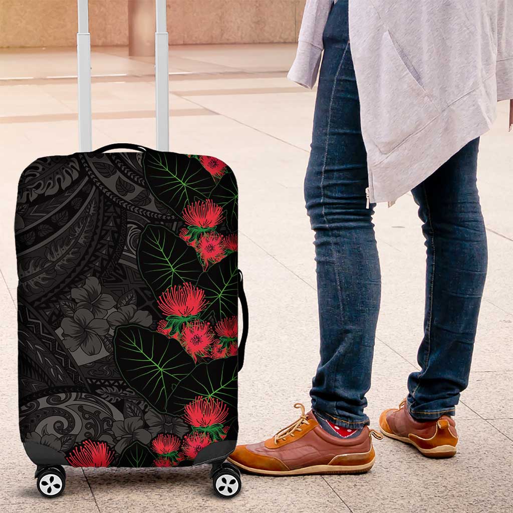Hawaiian Taro Leaves and Ohia Lehua Luggage Cover Polynesian Tribal Art Tropical Plants Motifs Grayscale LT03 Multicolor - Polynesian Pride