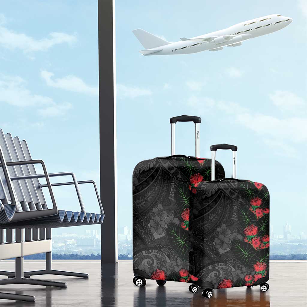 Hawaiian Taro Leaves and Ohia Lehua Luggage Cover Polynesian Tribal Art Tropical Plants Motifs Grayscale LT03 - Polynesian Pride